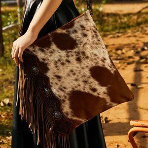 Cowhide and Hand Tooled Leather Purse Shoulder Bag